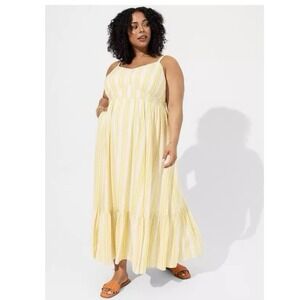 Torrid Yellow White Striped Challis Sleeveless Tiered Maxi Dress Size 3X Pockets